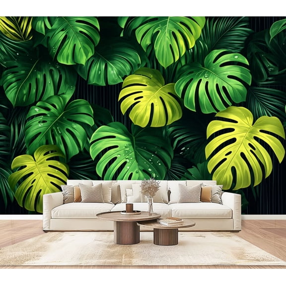Wallpaper Tropical Monstera Leaves Green Yellow Botanical Jungle Peel and Stick Wall Murals 100"H x 144"W Removable PVC Wall Paper Self-Adhesive Wall Paintings Art Decor for Bedroom Living Room