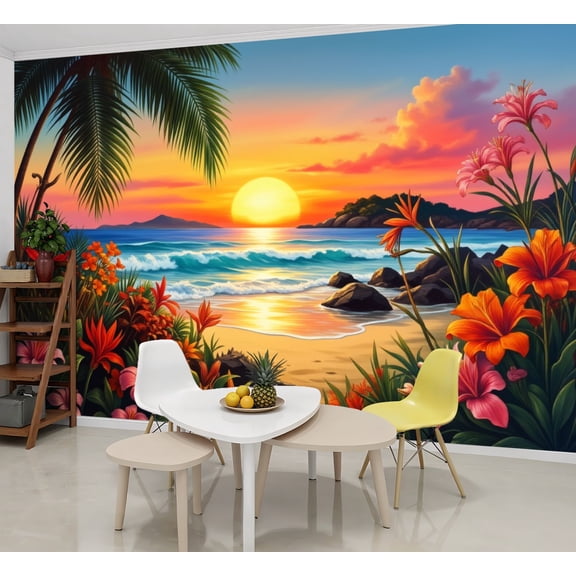 Wallpaper Tropical Sunset Beach Vibrant Flowers Palm Trees Peel and Stick Wall Murals 69"H x 96"W Removable PVC Wall Paper Self-Adhesive Wall Paintings Art Decor for Bedroom Living Room