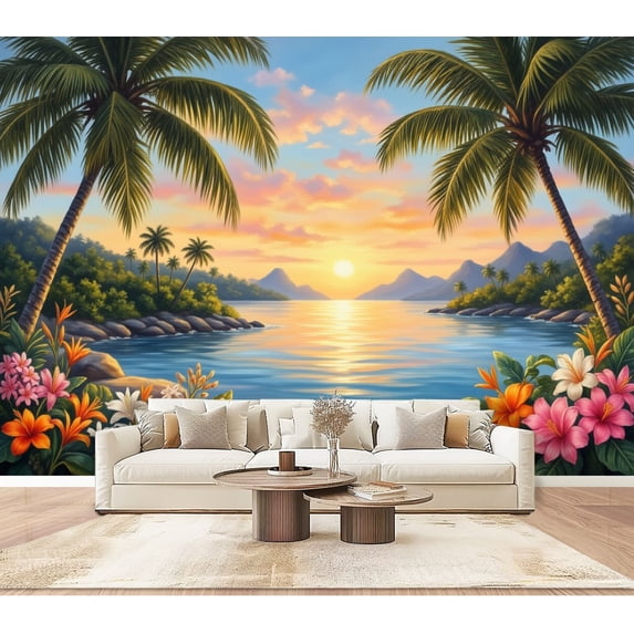 Wallpaper Tropical Sunset Palm Trees Vibrant Flowers Overlooking Peel and Stick Wall Murals 100"H x 144"W Removable PVC Wall Paper Self-Adhesive Wall Paintings Art Decor for Bedroom Living Room