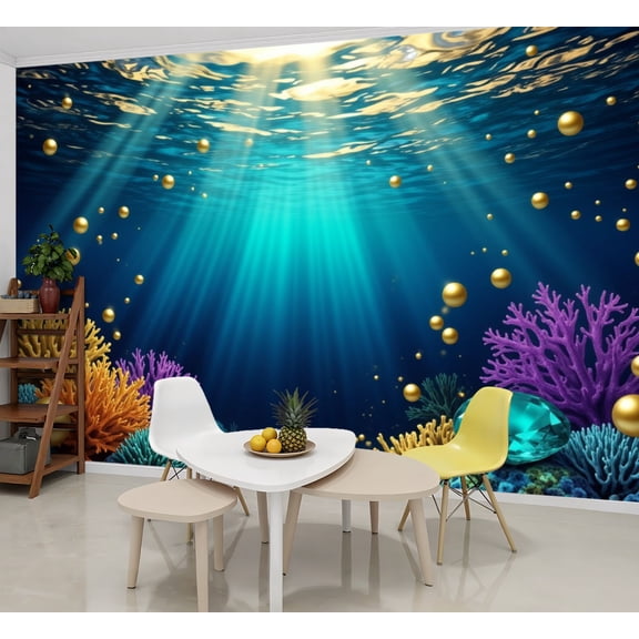Wallpaper Underwater Coral Golden Bubbles Sparkling Gemstone Peel and Stick Wall Murals 69"H x 96"W Removable PVC Wall Paper Self-Adhesive Wall Paintings Art Decor for Bedroom Living Room