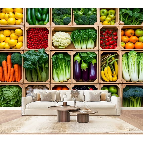 Wallpaper Vibrant Assorted Fresh Vegetables Fruits Wooden Boxes Peel and Stick Wall Murals 100"H x 144"W Removable PVC Wall Paper for Kitchen Restaurant Dining Room Supermarket Room
