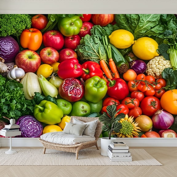 Wallpaper Vibrant Assorted Fruits Vegetables Arrangement Fresh tomatoes Peel and Stick Wall Murals 69"H x 96"W Removable PVC Wall Paper for Kitchen Restaurant Dining Room Supermarket Room
