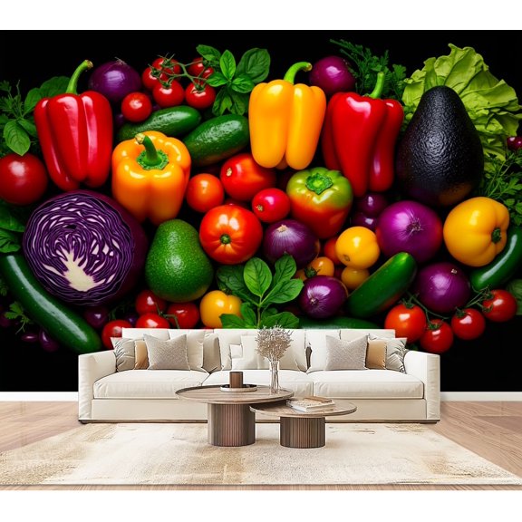 Wallpaper Vibrant Assorted Vegetables Peppers Tomatoes Avocado Black Peel and Stick Wall Murals 100"H x 144"W Removable PVC Wall Paper for Kitchen Restaurant Dining Room Supermarket Room