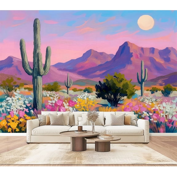 Wallpaper Vibrant Desert Landscape Saguaro Cactus Colorful Wildflowers Peel and Stick Wall Murals 100"H x 144"W Removable PVC Wall Paper Self-Adhesive Wall Paintings Art for Bedroom Living Room