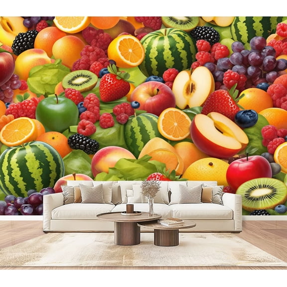 Wallpaper Vibrant Fruit Medley Watermelon Oranges Berries Apples Peel and Stick Wall Murals 100"H x 144"W Removable PVC Wall Paper for Kitchen Restaurant Dining Room Supermarket Room