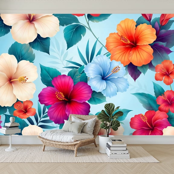 Wallpaper Vibrant Hibiscus Floral Tropical Flowers Soft Pastels Peel and Stick Wall Murals 69"H x 96"W Removable PVC Wall Paper Self-Adhesive Wall Paintings Art Decor for Bedroom Living Room