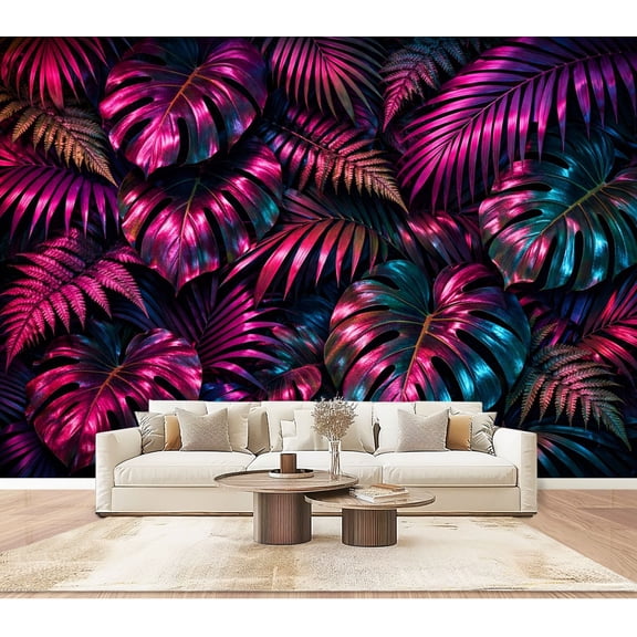 Wallpaper Vibrant Rainforest Jungle Botanical Bold Pink Teal Leaves Peel and Stick Wall Murals 100"H x 144"W Removable PVC Wall Paper Self-Adhesive Wall Paintings Art Decor for Bedroom Living Room