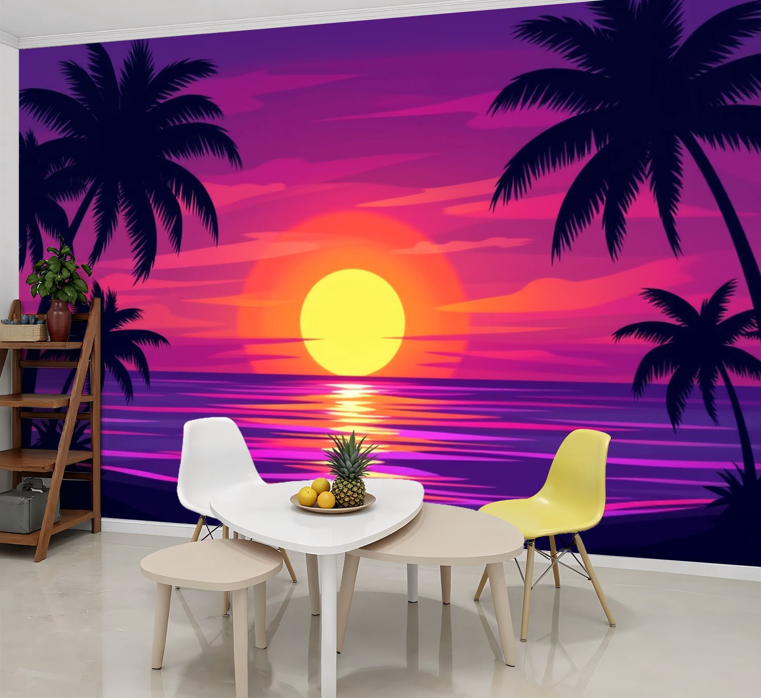 Wallpaper Vibrant Sunset Ocean Silhouetted Palm Trees Tropical Peel and ...