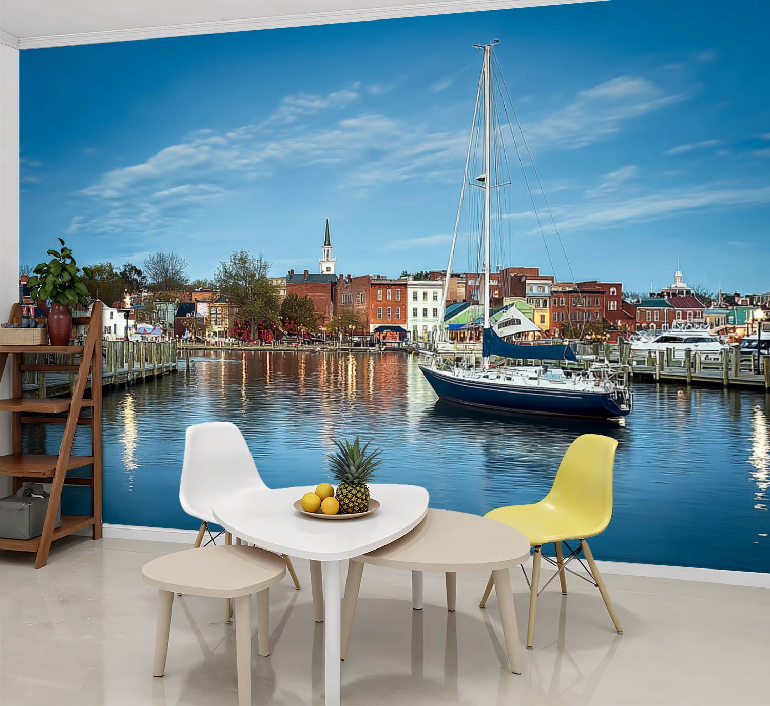 Wallpaper View boats by Annapolis Harbor city Peel and Stick Wall Murals 69"H x 96"W Removable PVC Wall Paper Self-Adhesive Wall Paintings Art Decor for Bedroom Living Room