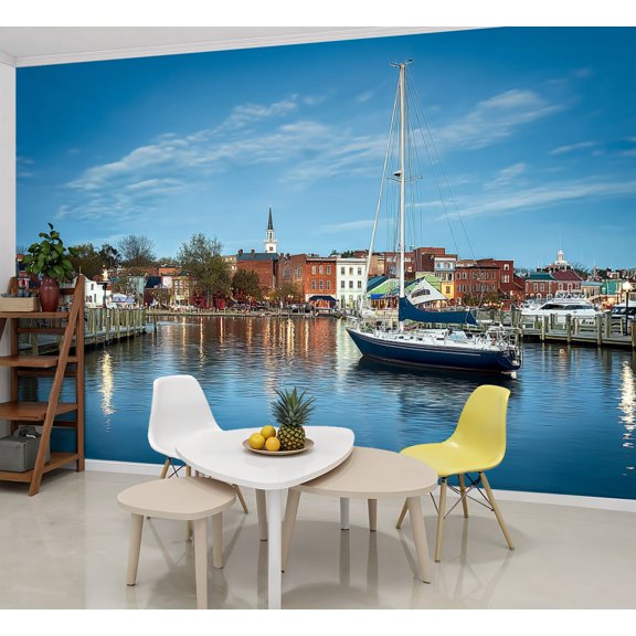 Wallpaper View boats by Annapolis Harbor city Peel and Stick Wall Murals 69"H x 96"W Removable PVC Wall Paper Self-Adhesive Wall Paintings Art Decor for Bedroom Living Room