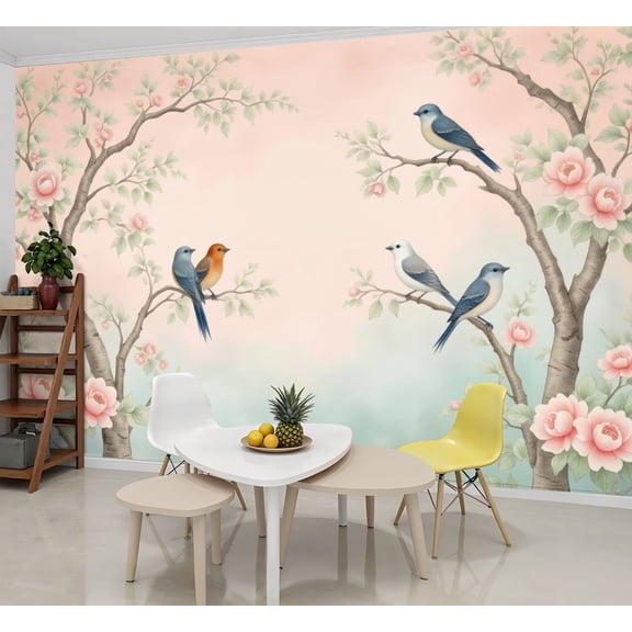 Wallpaper Vintage Birds Blooming Cherry Blossom Branches Soft Peel and Stick Wall Murals 69"H x 96"W Removable PVC Wall Paper Self-Adhesive Wall Paintings Art Decor for Bedroom Living Room