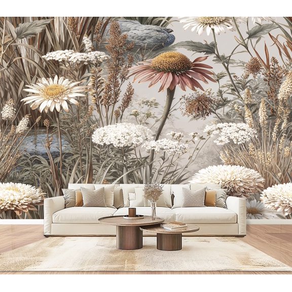 Wallpaper Vintage Botanical Art Layered Wildflowers Soft Morning Light Peel and Stick Wall Murals 100"H x 144"W Removable PVC Wall Paper Self-Adhesive Wall Paintings Art Decor for Bedroom Living Room