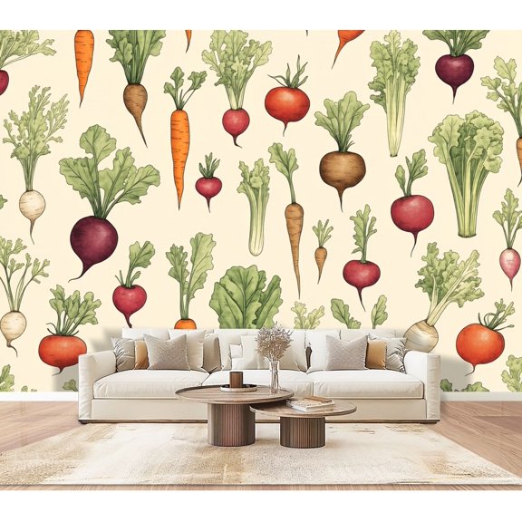 Wallpaper Vintage Botanical Root Vegetables Carrots Radishes Beets Peel and Stick Wall Murals 100"H x 144"W Removable PVC Wall Paper for Kitchen Restaurant Dining Room Supermarket Room