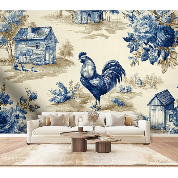 Wallpaper Vintage Farmhouse Toile Roosters Cottages Blue Floral Peel and Stick Wall Murals 100"H x 144"W Removable PVC Wall Paper Self-Adhesive Wall Paintings Art Decor for Bedroom Living Room