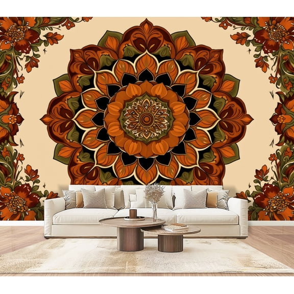 Wallpaper Vintage Floral Mandala Warm Autumn Tones Detailed Peel and Stick Wall Murals 100"H x 144"W Removable PVC Wall Paper Self-Adhesive Wall Paintings Art Decor for Bedroom Living Room