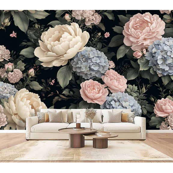 Wallpaper Vintage Floral Peonies Hydrangeas Soft Pastel Tones Peel and Stick Wall Murals 100"H x 144"W Removable PVC Wall Paper Self-Adhesive Wall Paintings Art Decor for Bedroom Living Room