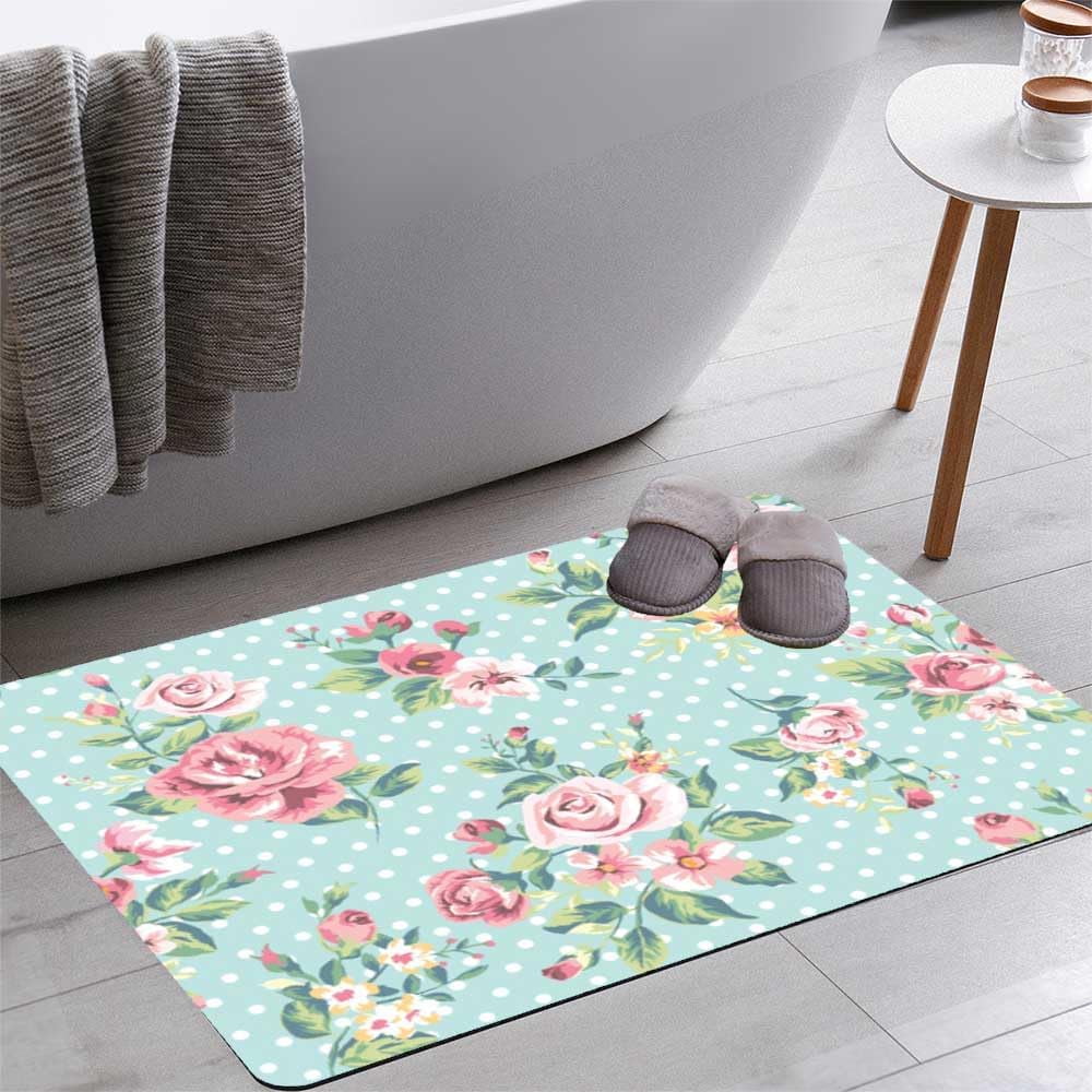 Wallpaper Vintage Pink Flower Pattern Bath Rugs 16x24 Inch Non Slip Bath Mat Quick Dry Absorbent Thin Bath Rug Fit Under Door Washable Bath Floor Rugs for Bathroom Bathtub Shower Sink,Multi 4