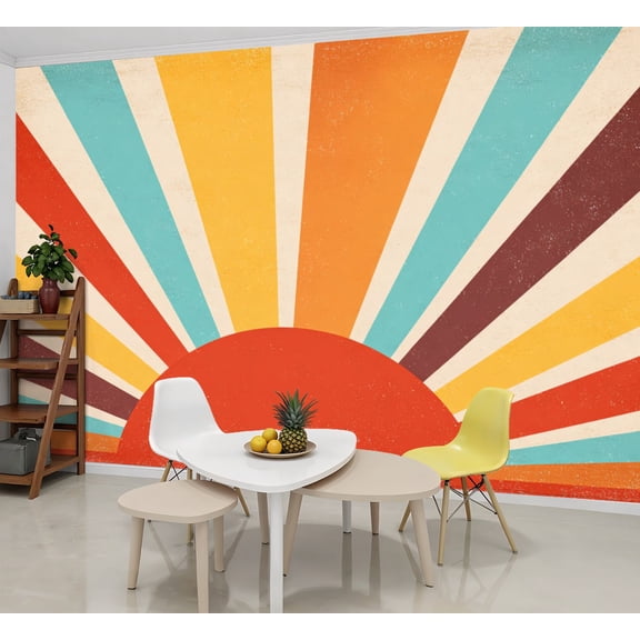 Wallpaper Vintage sun retro Colourful grunge sunburst Peel and Stick Wall Murals 69"H x 96"W Removable PVC Wall Paper Self-Adhesive Wall Paintings Art Decor for Bedroom Living Room