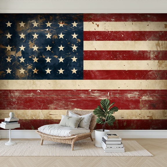 Wallpaper Walnut Framed Old Vintage American Flag Abstract Landscape Peel and Stick Wall Murals 69"H x 96"W Removable PVC Wall Paper Self-Adhesive Wall Paintings Art Decor for Bedroom Living Room