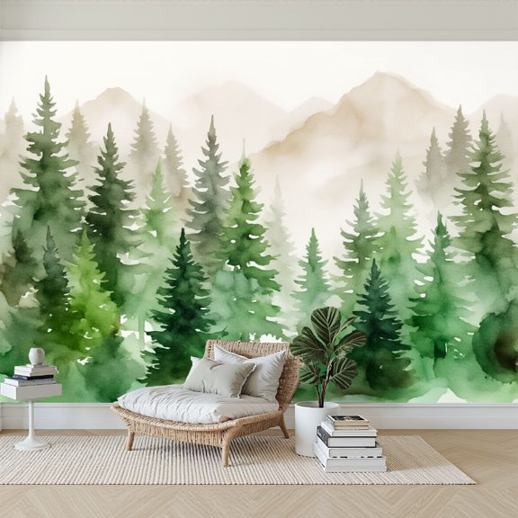 Wallpaper Watercolor Pine Forest Misty Mountain Landscape Soft Green Peel and Stick Wall Murals 69"H x 96"W Removable PVC Wall Paper Self-Adhesive Wall Paintings Art Decor for Bedroom Living Room