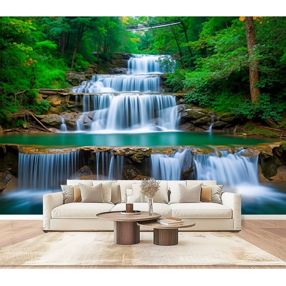 Wallpaper Waterfall Landscape Nature Lake Waterfalls Greenery Rock Formations Peel and Stick Wall Murals 100"H x 144"W Removable PVC Wall Paper Self-Adhesive Wall Decor for Bedroom Living Room