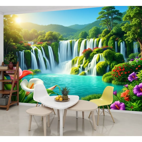 Wallpaper Waterfall Landscape Vibrant Flowers Turquoise Water Peel and Stick Wall Murals 69"H x 96"W Removable PVC Wall Paper Self-Adhesive Wall Paintings Art Decor for Bedroom Living Room