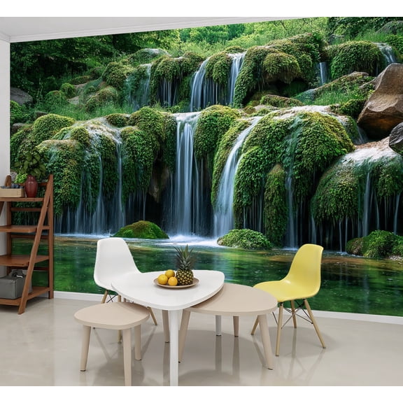 Wallpaper Waterfall Nature Picture Landscape Green Forest Moss Peel and Stick Wall Murals 69"H x 96"W Removable PVC Wall Paper Self-Adhesive Wall Paintings Art Decor for Bedroom Living Room