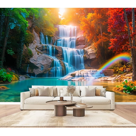 Wallpaper Waterfall Rainbow Landscape Nature Forest Autumn Leaves Blue Peel and Stick Wall Murals 100"H x 144"W Removable PVC Wall Paper Self-Adhesive Wall Decor for Bedroom Living Room