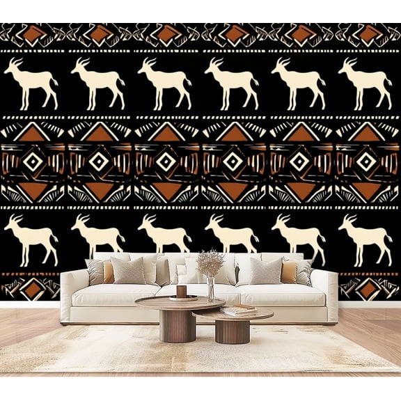 Wallpaper White Antelope Tribal Geometric Motifs Black Ethnic Folk Art Peel and Stick Wall Murals 100"H x 144"W Removable PVC Wall Paper Self-Adhesive Wall Paintings Art Decor for Bedroom Living Room