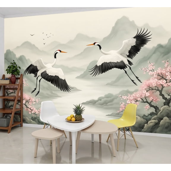 Wallpaper White Cranes Misty Oriental Mountain Landscape Peel and Stick Wall Murals 69"H x 96"W Removable PVC Wall Paper Self-Adhesive Wall Paintings Art Decor for Bedroom Living Room