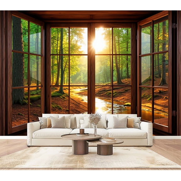 Wallpaper Window Forest Landscape Nature Tree Wooden Window Frame Sunlight Peel and Stick Wall Murals 100"H x 144"W Removable PVC Wall Paper Self-Adhesive Wall Decor for Bedroom Living Room