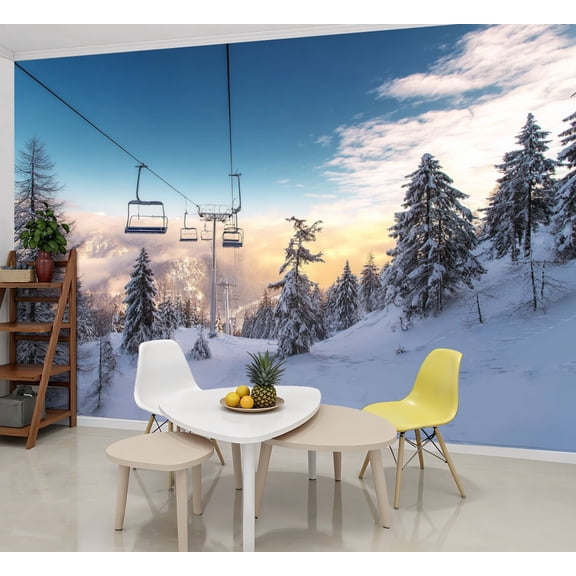 Wallpaper Winter mountains panorama ski slopes ski lifts Peel and Stick Wall Murals 69"H x 96"W Removable PVC Wall Paper Self-Adhesive Wall Paintings Art Decor for Bedroom Living Room
