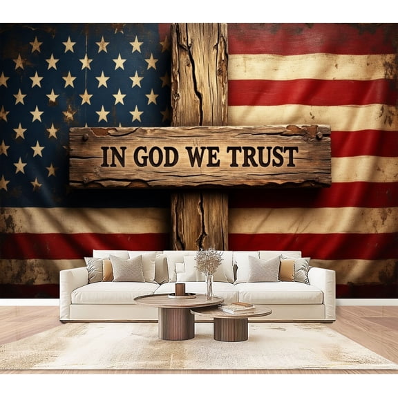 Wallpaper Wooden Cross We Trust Patriotic American Flag Independence Peel and Stick Wall Murals 100"H x 144"W Removable PVC Wall Paper Self-Adhesive Wall Paintings Art Decor for Bedroom Living Room