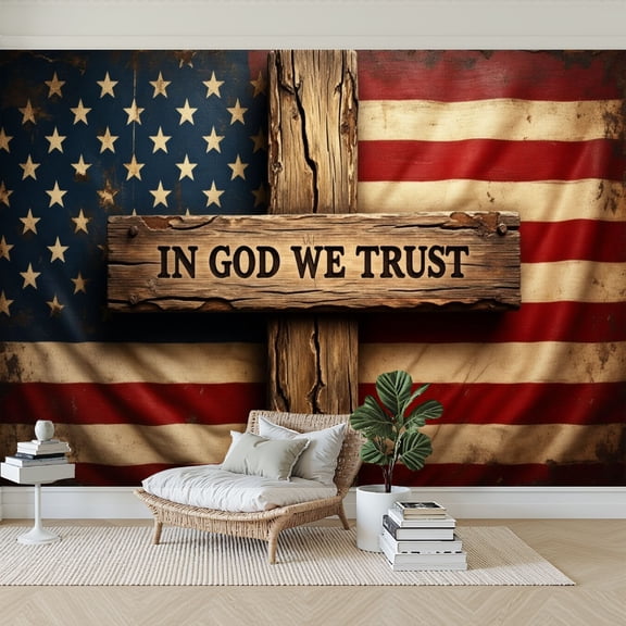 Wallpaper Wooden Cross We Trust Patriotic American Flag Independence Peel and Stick Wall Murals 69"H x 96"W Removable PVC Wall Paper Self-Adhesive Wall Paintings Art Decor for Bedroom Living Room