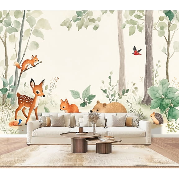 Wallpaper Woodland Animals Watercolor Deer Fox Bear Forest Peel and Stick Wall Murals 100"H x 144"W Removable PVC Wall Paper Self-Adhesive Wall Paintings Art Decor for Bedroom Living Room