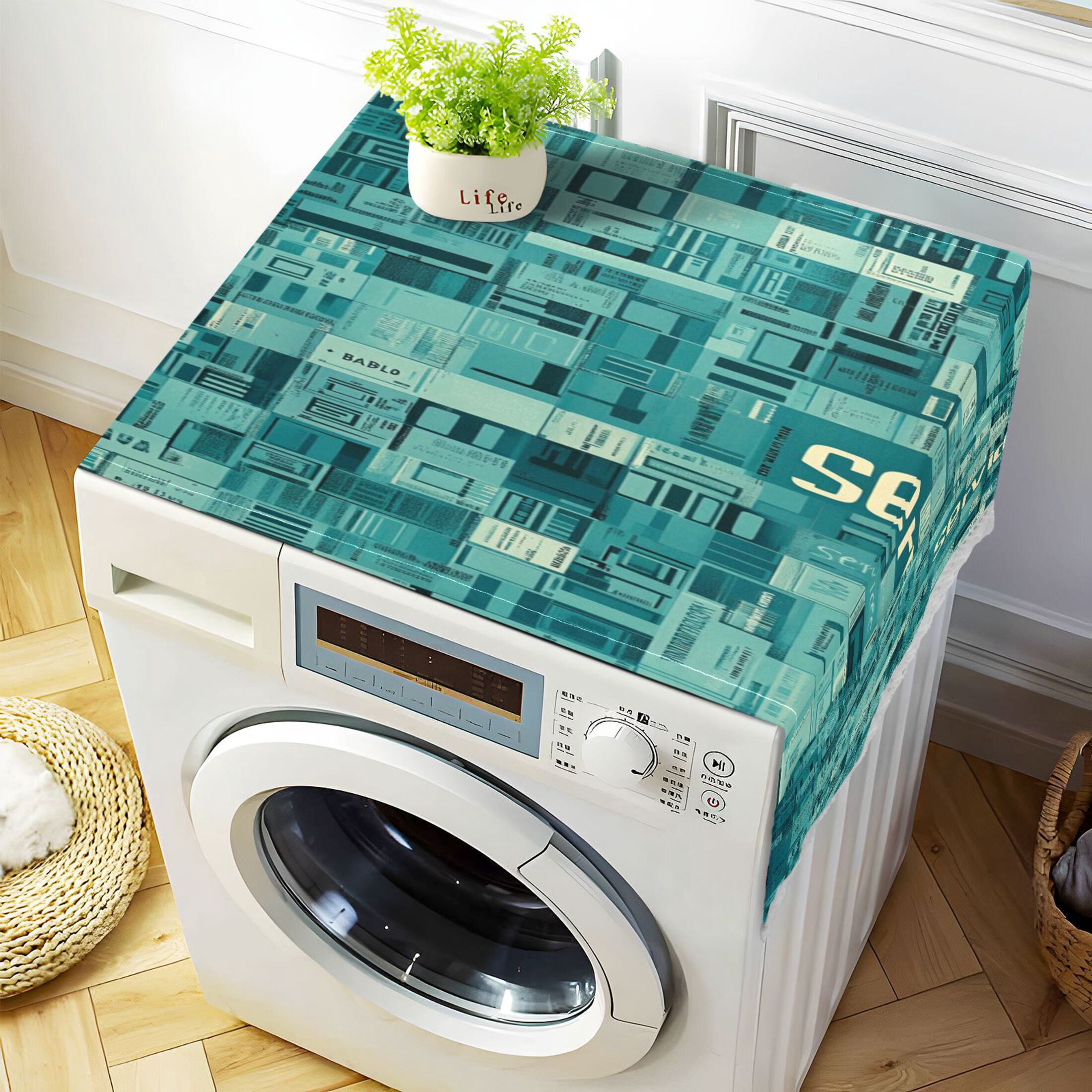 A Wallpaper with The WordWasher and Dryer Covers Dust-Proof and Oil Resistant Fridge Cover with 4 Storage Pockets Washing Machine Top Cover for Laundry Kitchen Home 51.2 x 22 In