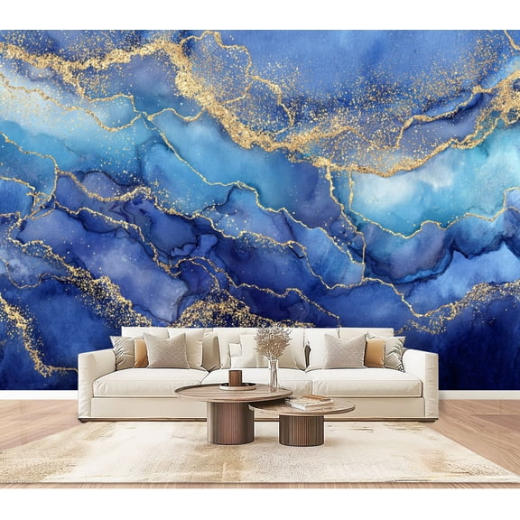 Wallpaper abstract blue marble golden veins painted artificial Peel and Stick Wall Murals 100"H x 144"W Removable PVC Wall Paper Self-Adhesive Wall Paintings Art Decor for Bedroom Living Room
