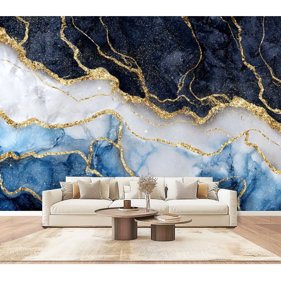 Wallpaper abstract white blue marble golden veins fake stone Peel and Stick Wall Murals 100"H x 144"W Removable PVC Wall Paper Self-Adhesive Wall Paintings Art Decor for Bedroom Living Room