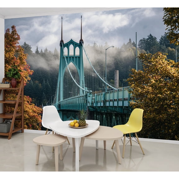 Wallpaper bridge portland oregon misty citys Peel and Stick Wall Murals 69"H x 96"W Removable PVC Wall Paper Self-Adhesive Wall Paintings Art Decor for Bedroom Living Room