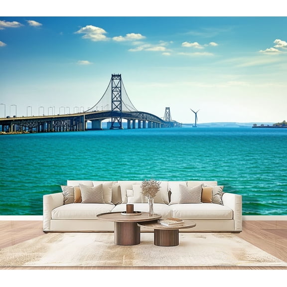 Wallpaper mackinac suspension bridge from saint ignace to mackinaw mi Peel and Stick Wall Murals 100"H x 144"W Removable PVC Wall Paper Self-Adhesive Wall Paintings Art Decor for Bedroom Living Room