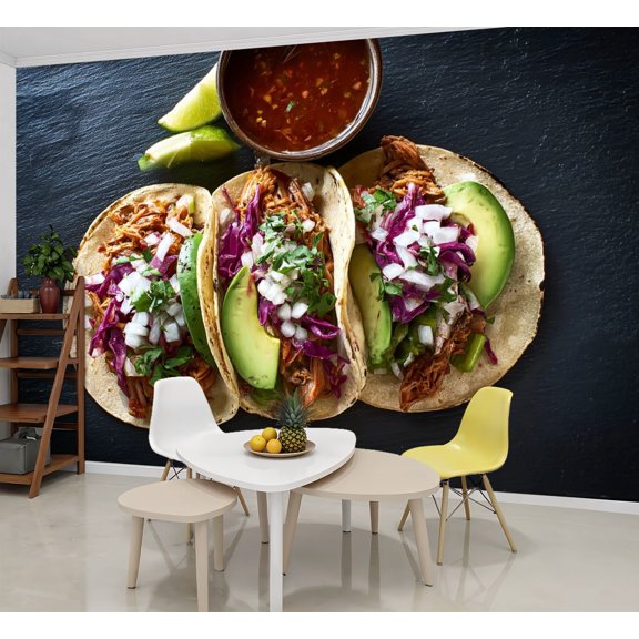 Wallpaper three mexican pork carnitas tacos flat lay composition Peel and Stick Wall Murals 69"H x 96"W Removable PVC Wall Paper Self-Adhesive Wall Paintings Art Decor for Bedroom Living Room