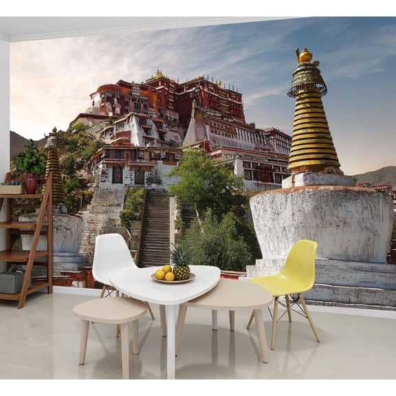 Wallpaper tibet sunset ancient chinese architectures Peel and Stick Wall Murals 69"H x 96"W Removable PVC Wall Paper Self-Adhesive Wall Paintings Art Decor for Bedroom Living Room