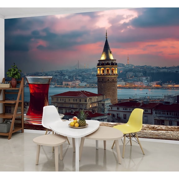 Wallpaper turkish tea maiden tower istanbuls pictures Peel and Stick Wall Murals 69"H x 96"W Removable PVC Wall Paper Self-Adhesive Wall Paintings Art Decor for Bedroom Living Room
