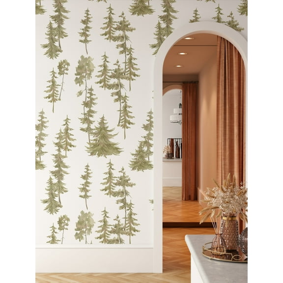 Wallpaper with Green Pine Trees