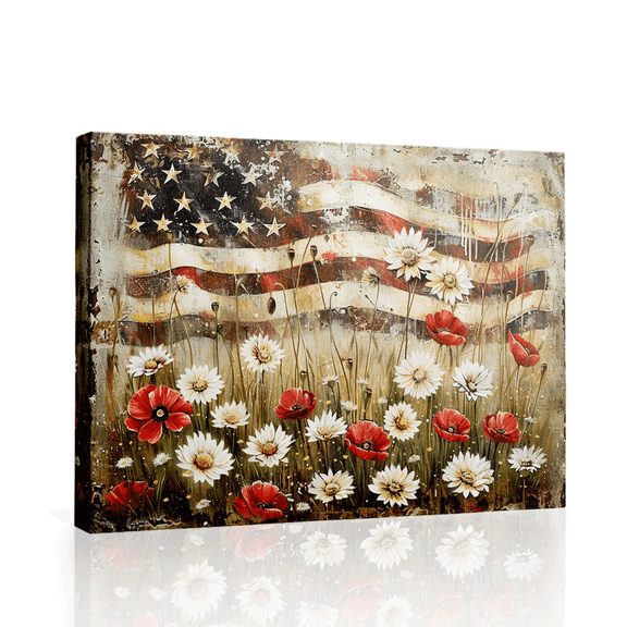 Wallume Store American Flag Floral Vintage Rustic Canvas Wall Art Gallery Wrapped for Bedroom 16*12 inch