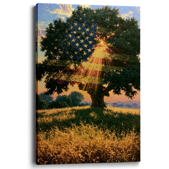 Wallume Store American Flag Oak Tree Patriotic Rustic Canvas Wall Art Gallery Wrapped for Bedroom 12x8 inch
