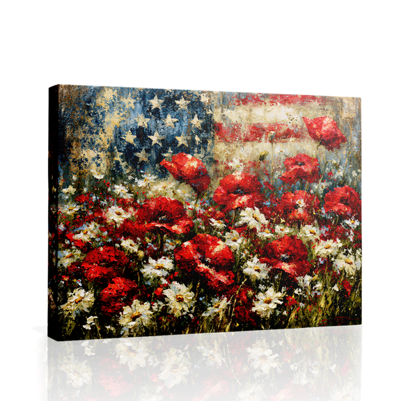 Wallume Store American Flag Poppy Patriotic Vintage Canvas Wall Art Gallery Wrapped for Bedroom 12*8 inch