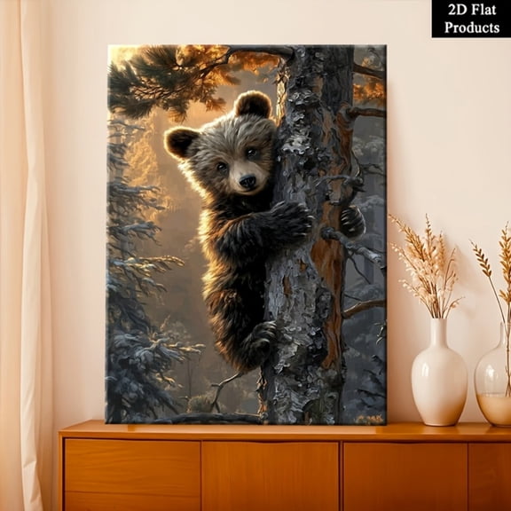 Wallume Store Baby Bear Climbing Tree Canvas Wall Art - Affordable Nature-Themed Home Decor