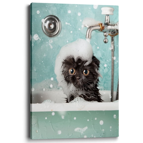Wallume Store Black Cat Bath Cute Funny Canvas Wall Art Gallery Wrapped for Toilet