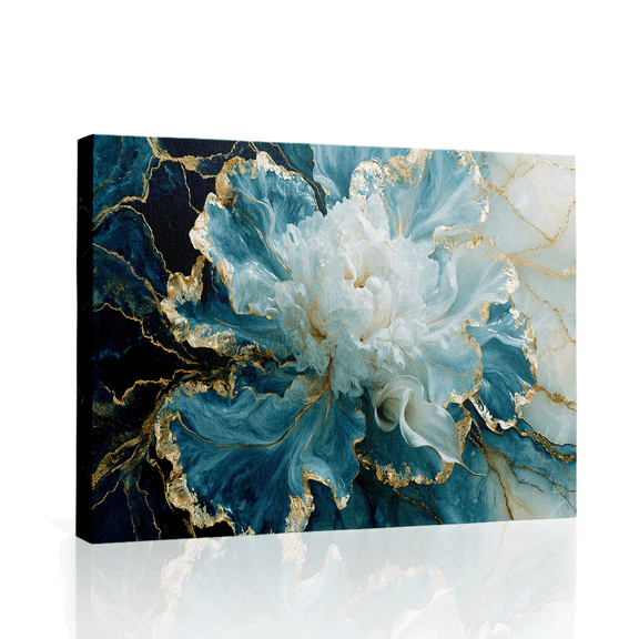 Wallume Store Blue Gold Peony Modern Abstract Canvas Wall Art Gallery Wrapped for Bedroom 12*8 inch